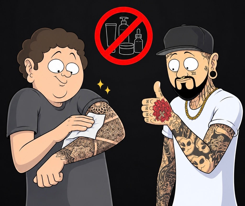 Illustration of a tattoo client keeping a fresh arm tattoo clean and dry during the first three days.