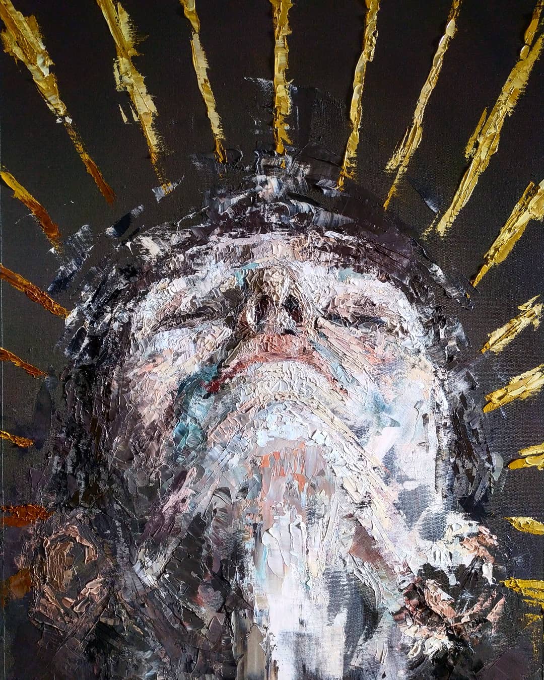 Textured portrait painting by Fernando M. Mattar showing an upturned face against a black ground with gold radiating marks.