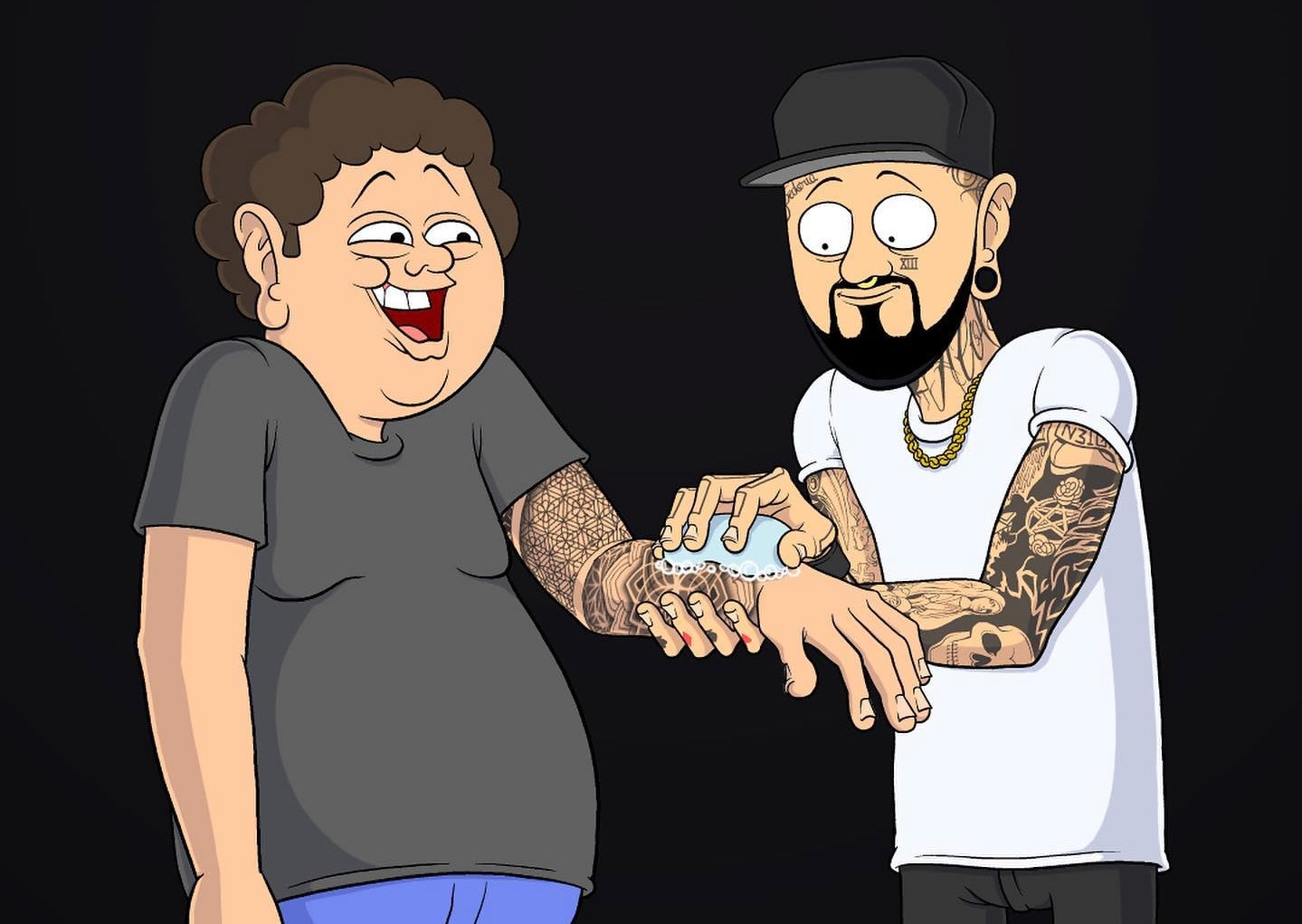 Illustration of a tattoo artist gently washing a client's fresh arm tattoo with clean hands and mild soap.