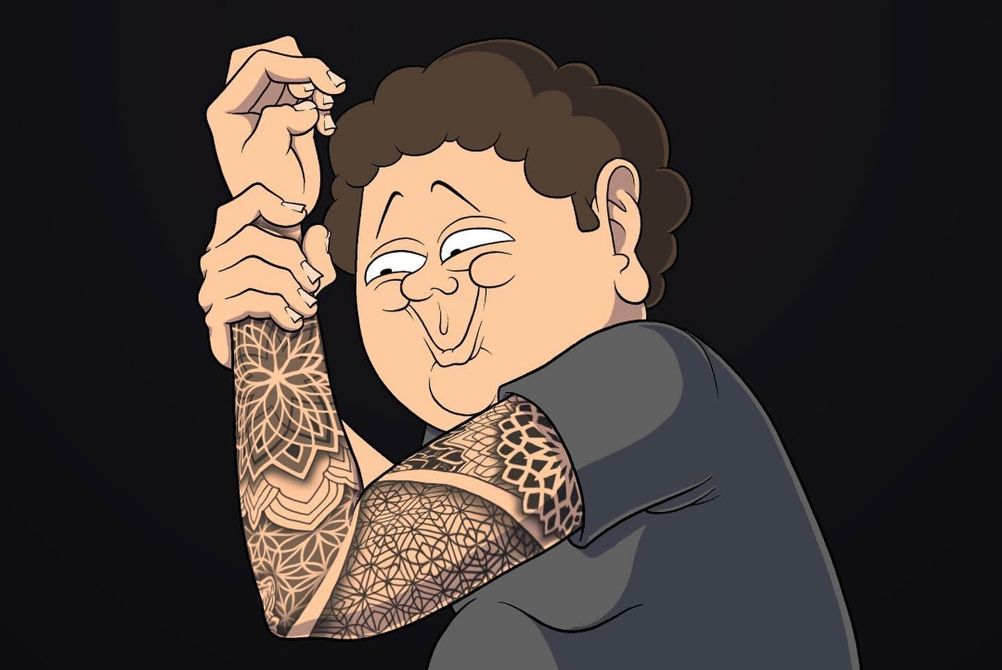Illustration of a client looking at a fully healed geometric and ornamental arm tattoo.