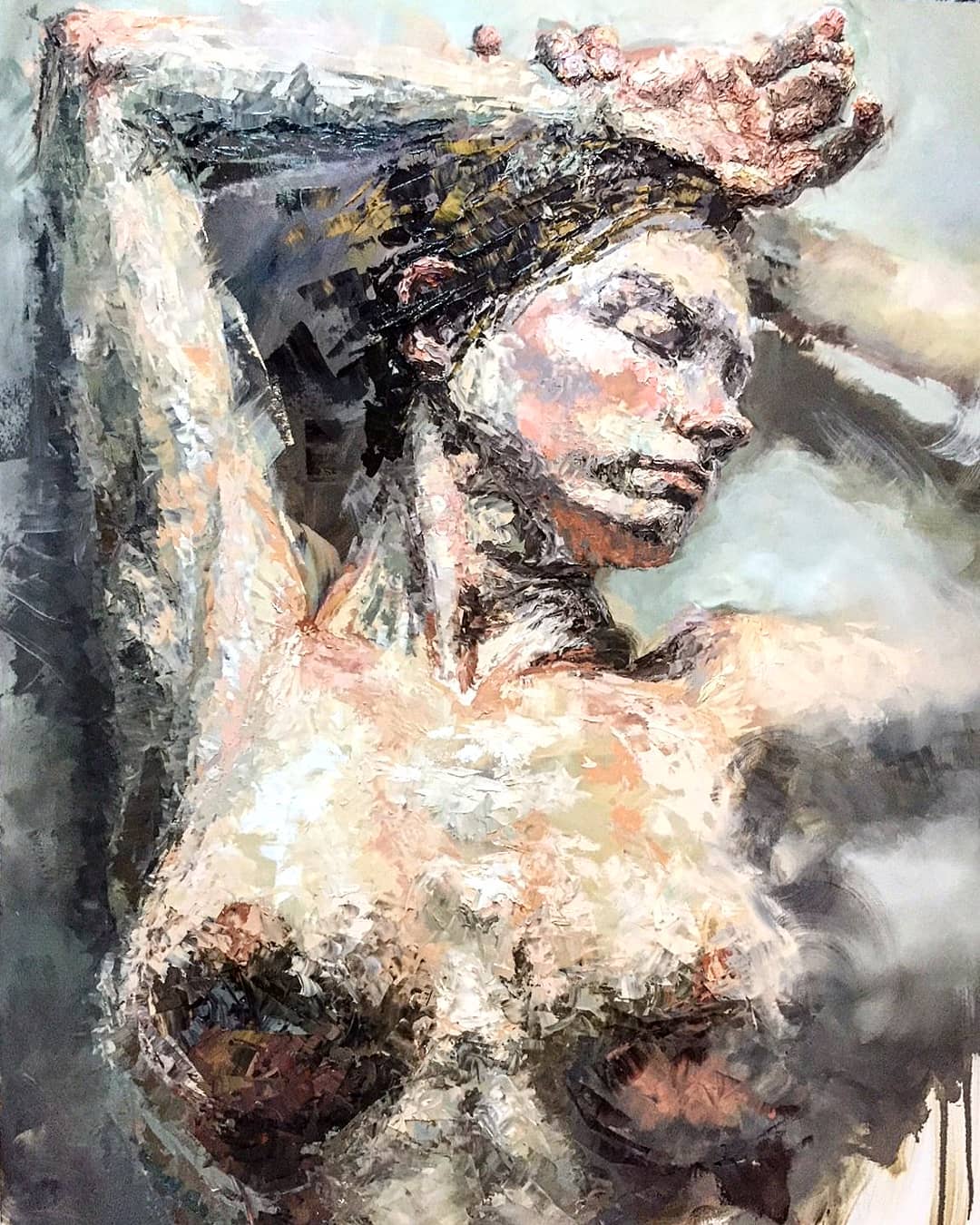 Figurative painting by Fernando M. Mattar showing a pale figure with raised arms against an atmospheric grey background.