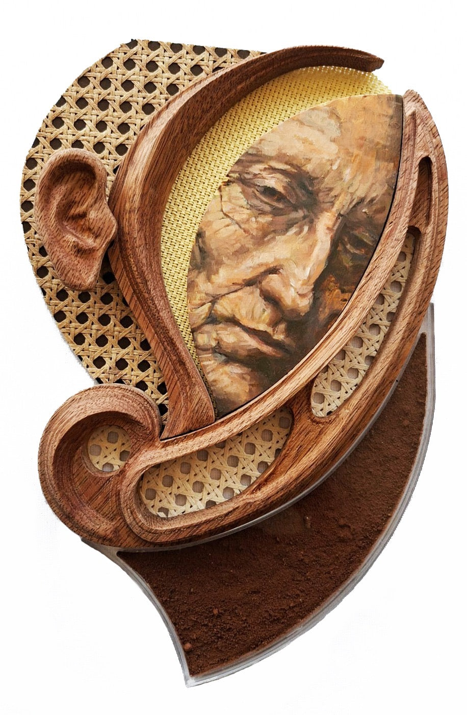 Mixed-media wall work by Fernando M. Mattar combining a painted portrait, curved wooden forms, woven texture and an earth-toned surface.