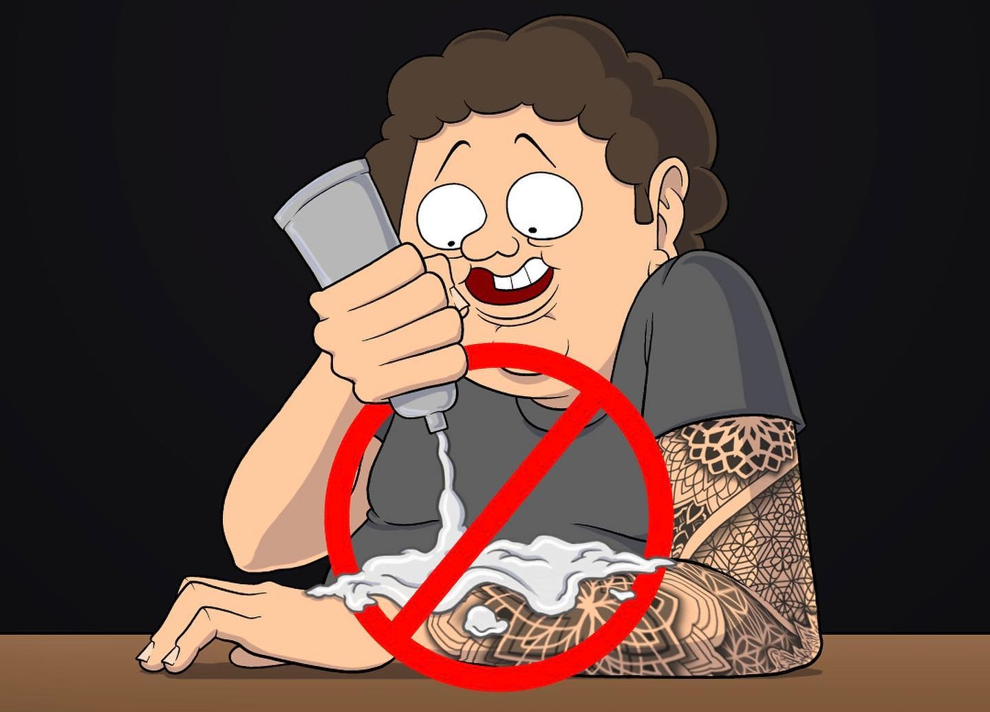 Illustration warning against applying an excessive amount of cream to a healing tattoo.