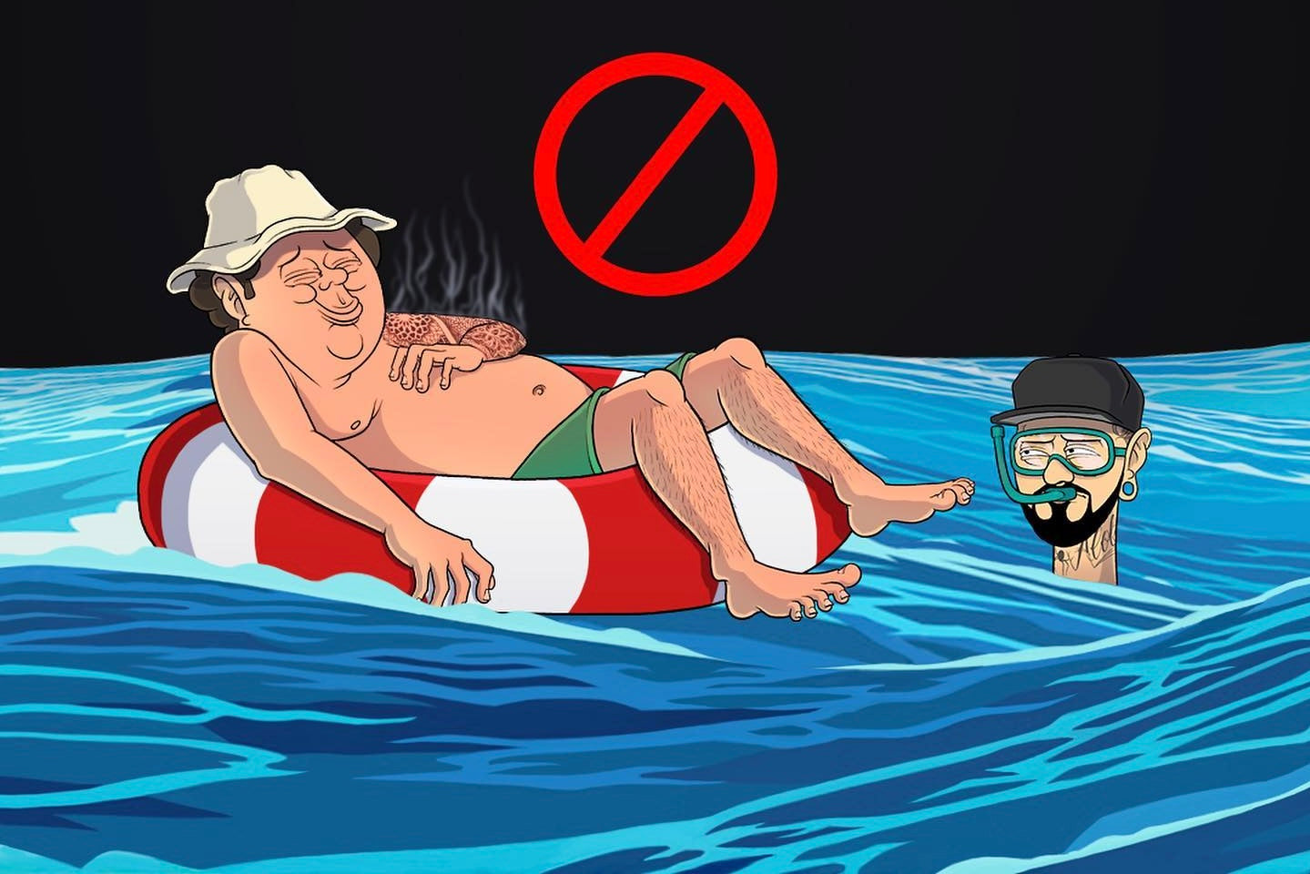 Illustration warning a tattoo client not to swim while a new tattoo is healing.