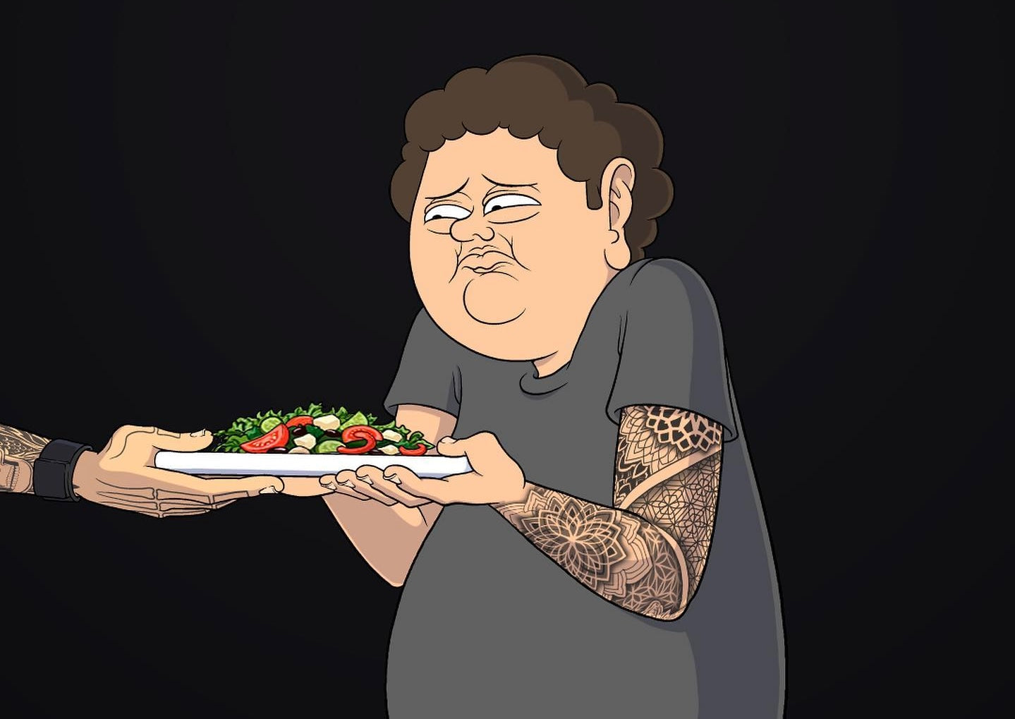 Illustration of a tattoo client being offered a balanced meal during the healing period.