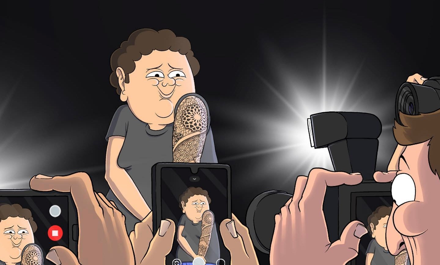 Illustration of a healed geometric tattoo being photographed after the healing process.